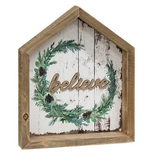 Believe Christmas Wreath House Shadowbox Sign - The Fox Decor