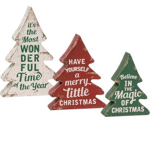 3 Set Wonderful Time of Year Distressed Wooden Trees - The Fox Decor
