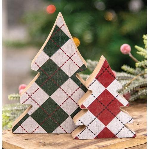 2 Set Distressed Wooden Plaid Christmas Trees - The Fox Decor