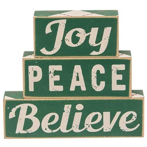 3 Set Plaid Joy Believe Peace Wooden Blocks - The Fox Decor