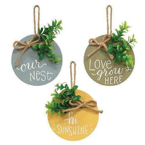 Our Nest Round Sign Ornament w Greenery 3 Asstd - The Fox Decor