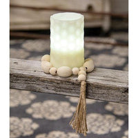 Natural Wood Oval Bead Candle Ring w Jute Tassel - The Fox Decor