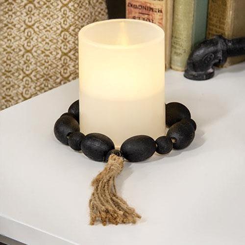 Black Distressed Wood Oval Bead Candle Ring w Jute Tassel - The Fox Decor