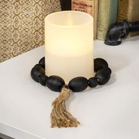 Black Distressed Wood Oval Bead Candle Ring w Jute Tassel - The Fox Decor