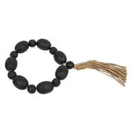 Black Distressed Wood Oval Bead Candle Ring w Jute Tassel - The Fox Decor