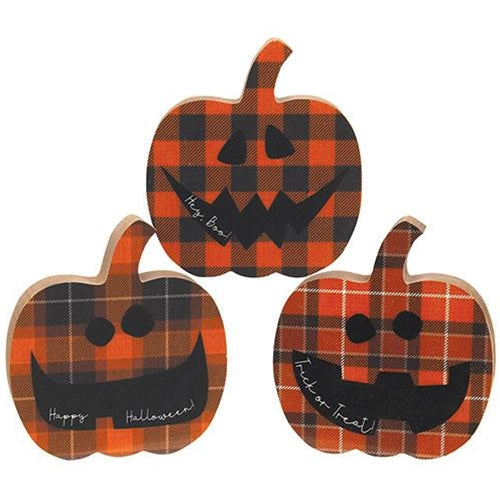 Happy Halloween Chunky Plaid Jack O Lantern Sitter 3 Asstd