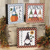 Fall Gnome Checkered Box Sign 3 Asstd - The Fox Decor