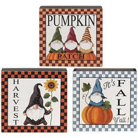 Fall Gnome Checkered Box Sign 3 Asstd - The Fox Decor