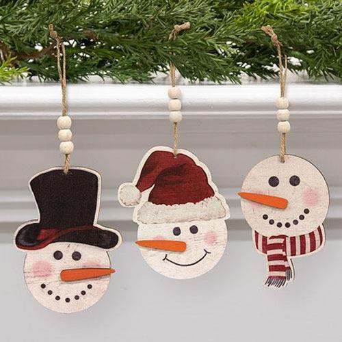 Weathered Wood Look Beaded Snowman w Hat Ornament 3 Asstd - The Fox Decor