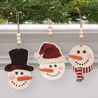 Weathered Wood Look Beaded Snowman w Hat Ornament 3 Asstd - The Fox Decor