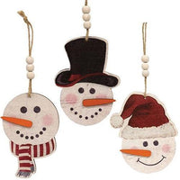 Weathered Wood Look Beaded Snowman w Hat Ornament 3 Asstd - The Fox Decor