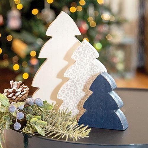 3 Set Blue White & Fashion Print Chunky Christmas Trees - The Fox Decor