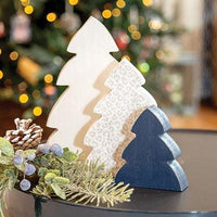 3 Set Blue White & Fashion Print Chunky Christmas Trees - The Fox Decor