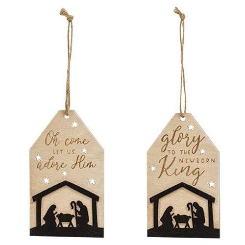 Let Us Adore Him Silhouette Wooden Tag Ornament 2 Asstd - The Fox Decor