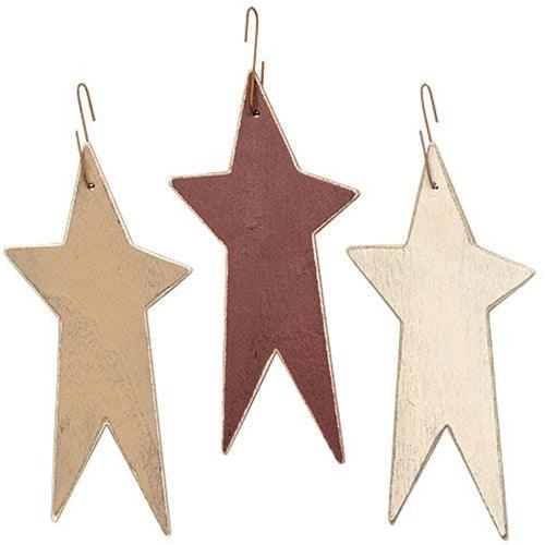 3 Set Distressed Burgundy Cream and Ivory Primitive Star Ornaments - The Fox Decor
