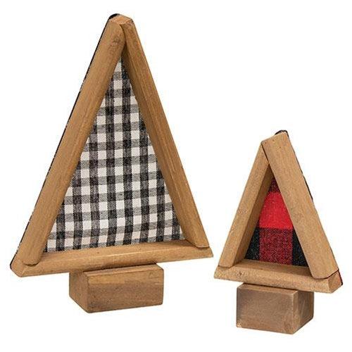 2 Set Black & Red Buffalo Check Fabric & Wood Trees - The Fox Decor