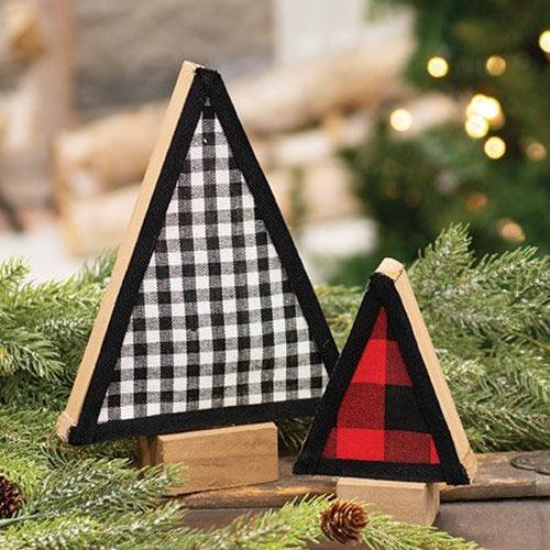 2 Set Black & Red Buffalo Check Fabric & Wood Trees - The Fox Decor