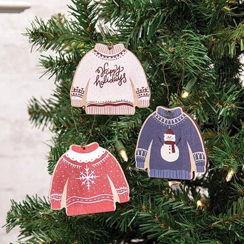 Happy Holidays Wooden Sweater Ornament 3 Asstd - The Fox Decor