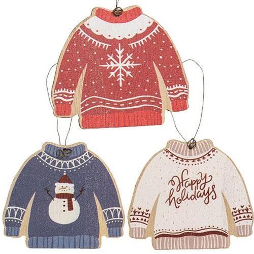 Happy Holidays Wooden Sweater Ornament 3 Asstd - The Fox Decor