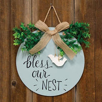 Bless Our Nest Round Sign w Greenery & Burlap Bow - The Fox Decor