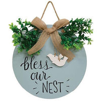 Bless Our Nest Round Sign w Greenery & Burlap Bow - The Fox Decor