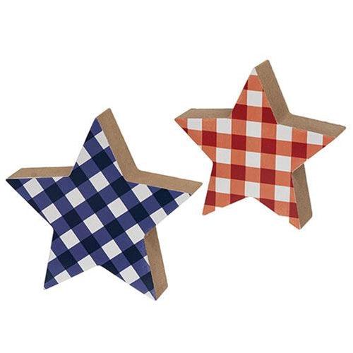 2 Set Blue & Red Plaid Wooden Stars - The Fox Decor