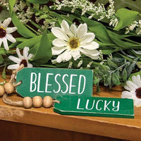 Blessed Or Lucky Green Wooden Tag 2 Asstd - The Fox Decor