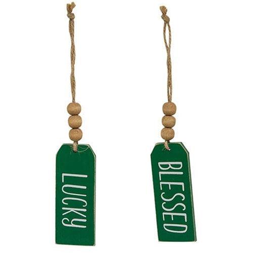 Blessed Or Lucky Green Wooden Tag 2 Asstd - The Fox Decor