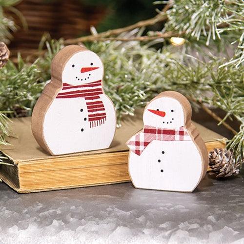 2 Set Snowmen w Scarves Chunky Wooden Sitters - The Fox Decor