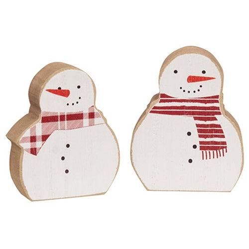 2 Set Snowmen w Scarves Chunky Wooden Sitters - The Fox Decor