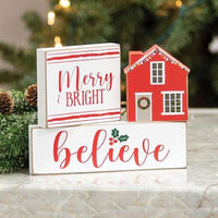 3 Set Merry & Bright Believe House Wooden Blocks - The Fox Decor