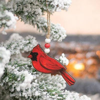 Wooden Cardinal Ornament w Beaded Jute Hanger - The Fox Decor