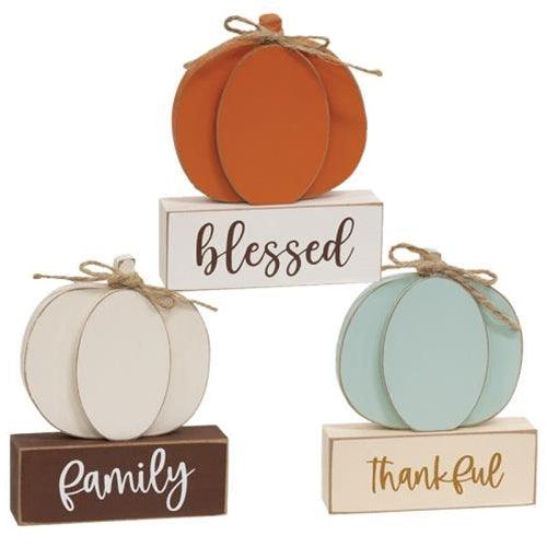 Thankful Family Blessed Pumpkin on Base 3 Asstd - The Fox Decor