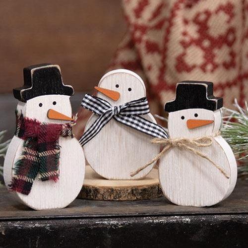 3 Set Distressed Wooden Snowman w Scarf Sitters - The Fox Decor