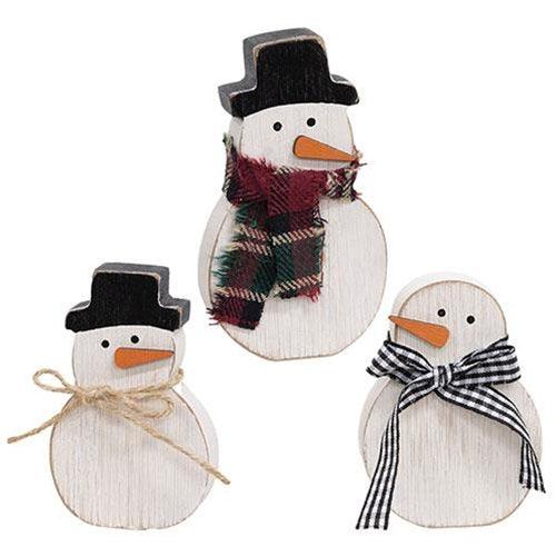 3 Set Distressed Wooden Snowman w Scarf Sitters - The Fox Decor