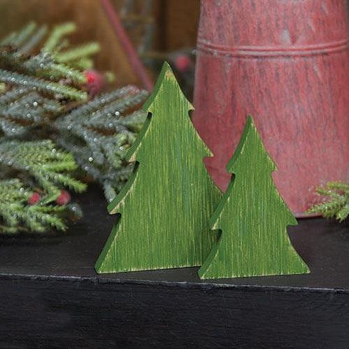 2 Set Distressed Green Wooden Christmas Tree Sitters - The Fox Decor