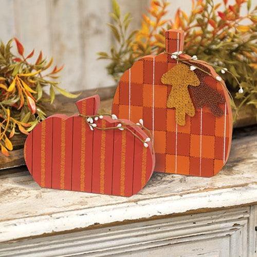 2 Set Autumn Leaves Plaid & Stripes Pumpkin Sitters - The Fox Decor