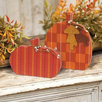2 Set Autumn Leaves Plaid & Stripes Pumpkin Sitters - The Fox Decor