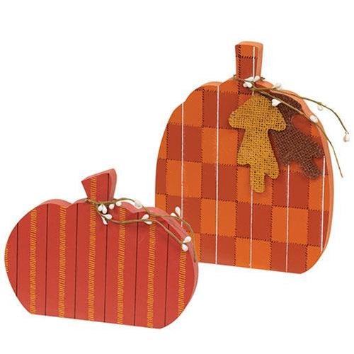 2 Set Autumn Leaves Plaid & Stripes Pumpkin Sitters - The Fox Decor