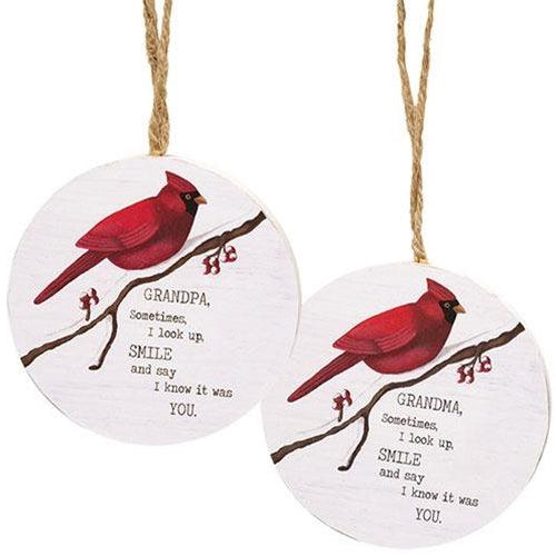 Grandma Grandpa Round Cardinal Ornament 2 Asstd - The Fox Decor