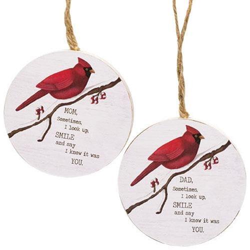 Mom Dad Round Cardinal Ornament 2 Asstd - The Fox Decor