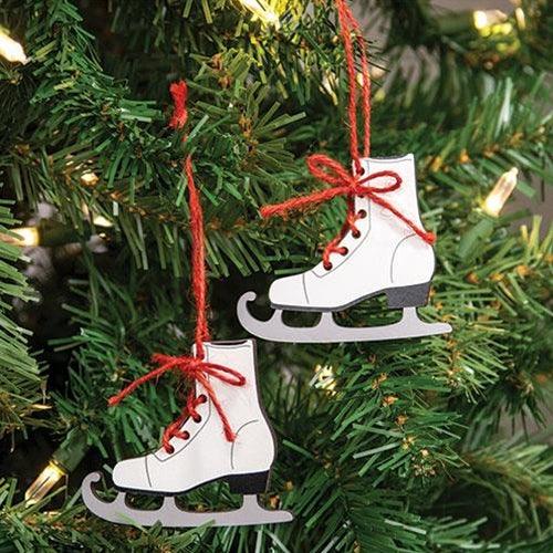 2 Set Wooden Ice Skate Ornaments w Red Laces - The Fox Decor