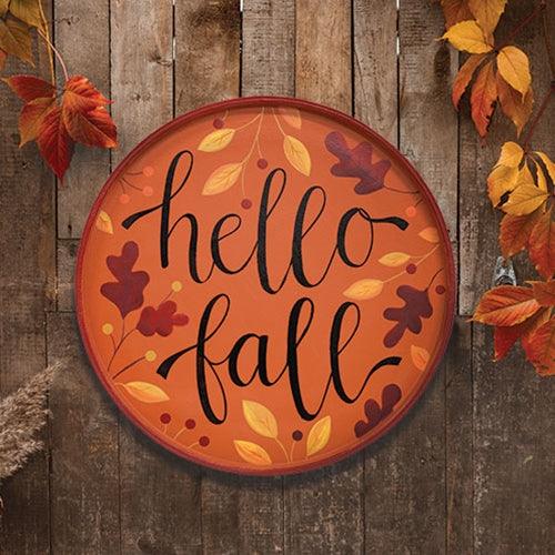 Hello Fall Autumn Leaves Round Wooden Hanging Tray - The Fox Decor
