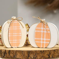 Cream & Orange Plaid Wooden Pumpkin Sitter 2 Asstd - The Fox Decor