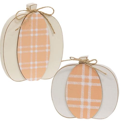 Cream & Orange Plaid Wooden Pumpkin Sitter 2 Asstd - The Fox Decor