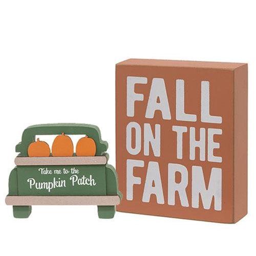 2 Set Fall on the Farm Box Sign with Pumpkin Patch Truck Sitter - The Fox Decor