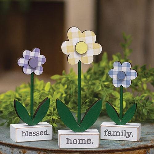 3 Set Home Blessed Family Gingham Check Daisies on Base - The Fox Decor