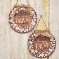 Daisy Day Round Hanging Sign w Burlap Bow 2 Asstd - The Fox Decor