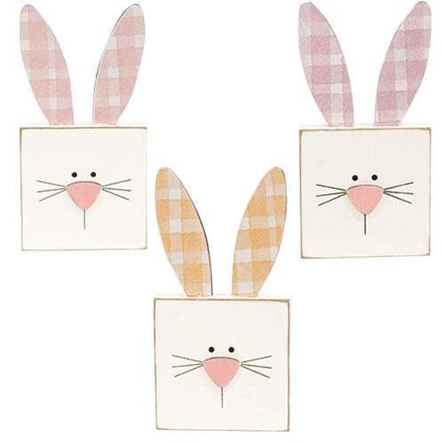 Plaid Ear Bunny Block Sitter 3 Asstd - The Fox Decor