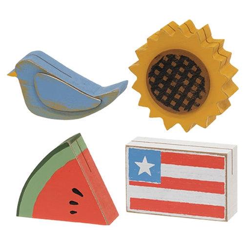 4 Set Primitive Spring & Summer Wooden Photo Or Placecard Blocks - The Fox Decor